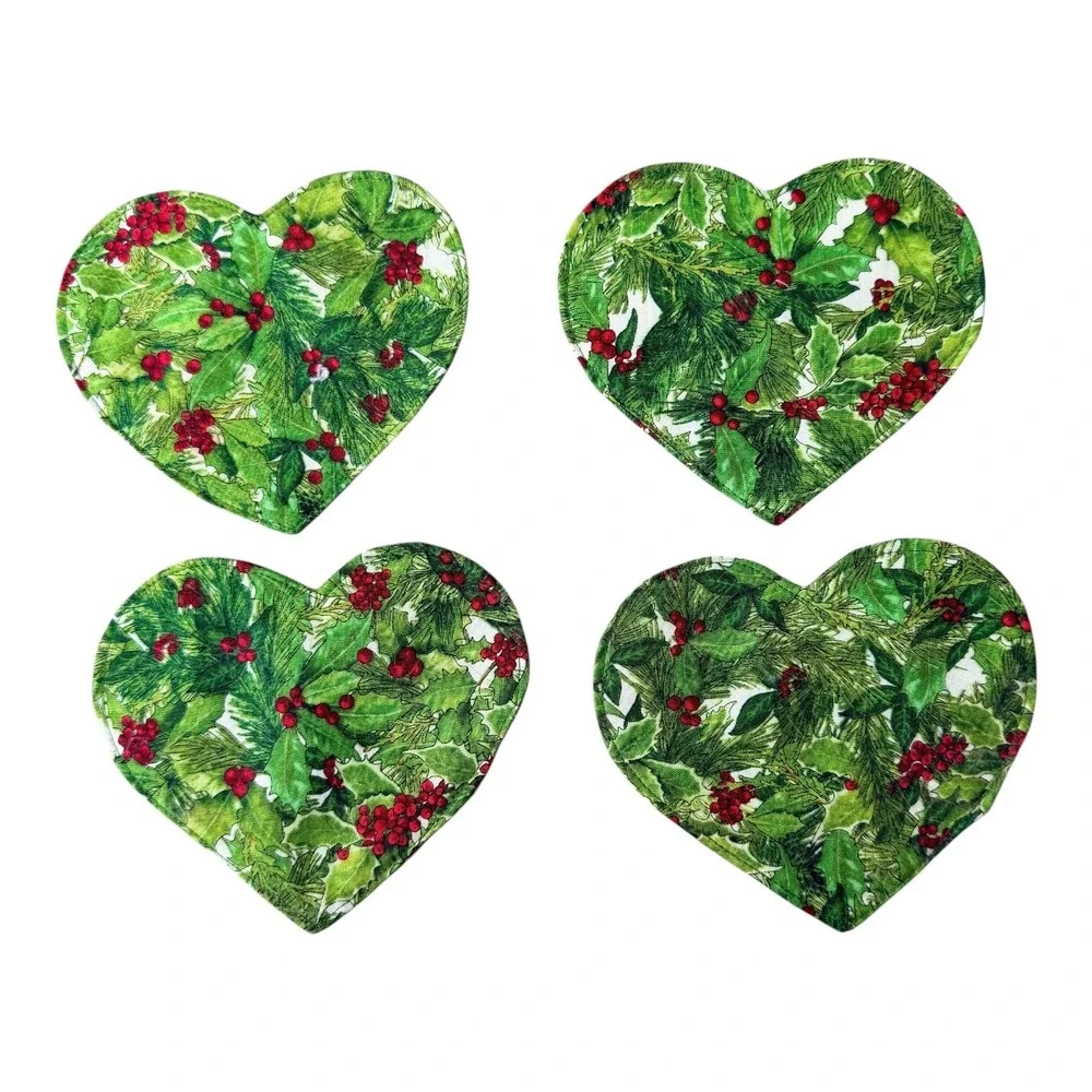 Heart Shaped Christmas Coasters Set 4 Double Sided Holly Berry Cottagecore